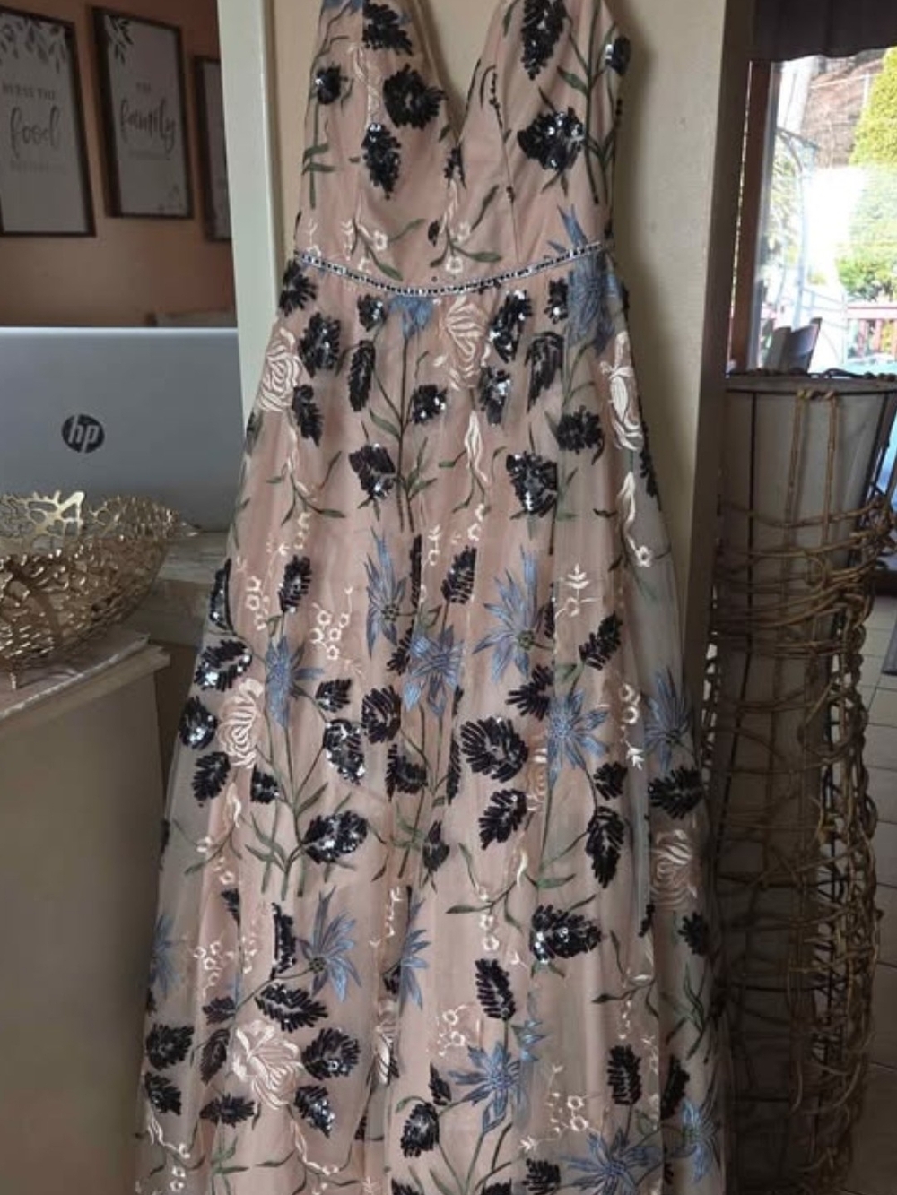 Embroidered Floral A-Line Gown in Blush with Blue & Black Accents Size 9